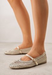 Złote Szydełkowe Balerinki z Paskiem z Klamerką Uroinne. Żółte baleriny Born2be, bez wzorów, z jeansu, klasyczne, bez obcasa, bez zapięcia. Za 119.99 zł.