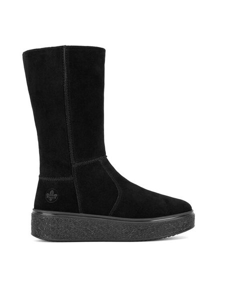 Rieker Kozaki 78851-00 Czarny. Czarne kozaki Rieker, bez wzorów, ze skóry, bez obcasa, na płaskiej podeszwie, bez zapięcia. Za 375.00 zł.
