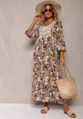 Beżowo-Czarna Sukienka Boho z Wiskozy Ozdobiona Ażurową Koronką i Chwostami Giorna. Brązowe sukienki Renee, xl, w ażurowe wzory, z koronki, boho, bez kołnierzyka, bez ramiączek, maxi. W wyprzedaży za 62.99 zł.