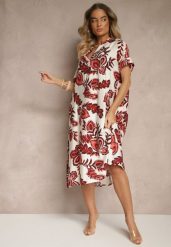 Bordowa Sukienka z Lnem i Wiskozą w Etniczne Kwiaty o Pudełkowym Kroju Natireia. Czerwone sukienki Renee, na co dzień, l, bez wzorów, z wiskozy, eleganckie, bez kołnierzyka, bez ramiączek, midi. W wyprzedaży za 67.99 zł.