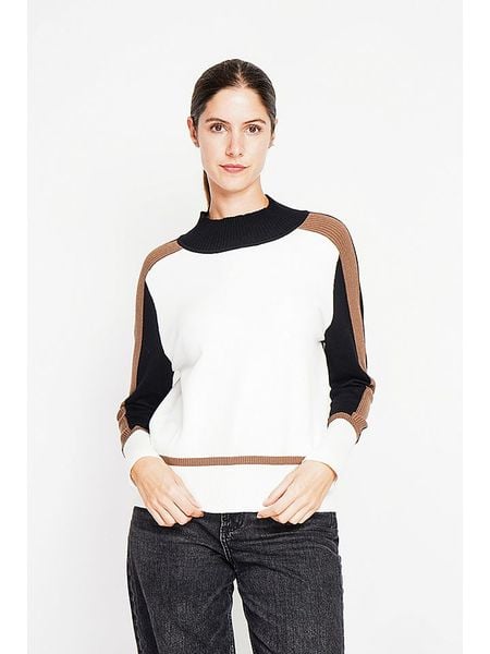 ASSUILI Sweter w kolorze biało-czarno-karmelowym rozmiar: 38. Białe swetry Assuili, bez wzorów, klasyczne, bez ramiączek. Za 105.63 zł.