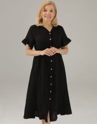 Lniana sukienka midi. Czarne sukienki Unisono, l, bez wzorów, z tkaniny, bez kołnierzyka, bez ramiączek, midi, rozkloszowane. Za 289.00 zł.
