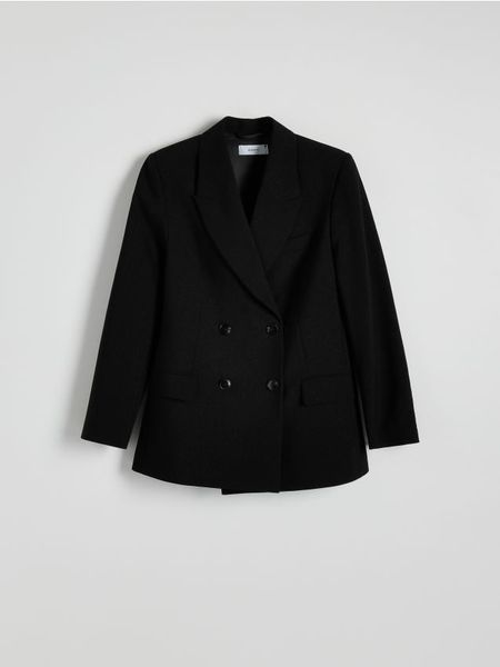 Marynarka z błyszczącymi drobinkami - czarny. Czarne marynarki i żakiety Reserved, l, bez wzorów, z tkaniny, bez ramiączek. W wyprzedaży za 179.99 zł.