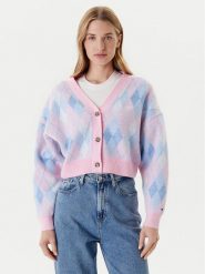 Tommy Jeans Kardigan Argyle DW0DW21180 Różowy Relaxed Fit. Czerwone swetry Tommy Jeans, m, bez wzorów, z jeansu, bez ramiączek. Za 519.99 zł.