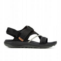 Sandały trekkingowe dla kobiet Merrell Terran 4. Czarne sandały Merrell, bez wzorów, sportowe, bez obcasa, bez zapięcia. W wyprzedaży za 279.99 zł.