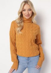 Brązowy Sweter z Golfem w Warkoczowy Splot ze Ściągaczami Maraiwai. Brązowe swetry Born2be, na jesień, bez wzorów, ze splotem, bez ramiączek. W wyprzedaży za 101.99 zł.