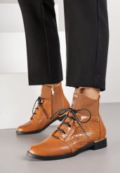 Jasnobrązowe Botki Vices Typu Trzewiki ze Wzorem w Stylu Krokodyla Alerriva. Brązowe botki Born2be, bez wzorów, z jeansu, eleganckie, bez obcasa, na płaskiej podeszwie, bez zapięcia. Za 109.99 zł.