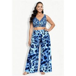 Damskie Spodnie palazzo zwierzęcy wzór szeroka nogawka elastyczny pas. Niebieskie spodnie dresowe Ulla Popken, bez wzorów, z materiału, długie. Za 239.99 zł.