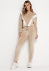 Beżowy Welurowy Komplet Dresowy z Bluzą i Spodniami Bellanna. Brązowe bluzy Born2be, m, bez wzorów, z dresówki, bez kaptura. W wyprzedaży za 118.99 zł.