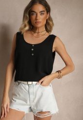Czarny Top z Bawełną Ozdobiony Guzikami Ulosiella. Czarne topy Renee, l, bez wzorów, z bawełny, eleganckie, bez kołnierzyka, bez ramiączek. W wyprzedaży za 31.99 zł.