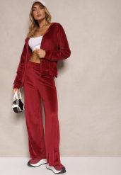 Bordowy Welurowy Komplet Dresowy Bluza z Kapturem i Szerokie Spodnie Poretta. Czerwone bluzy Renee, m, bez wzorów, z dresówki, z kapturem. W wyprzedaży za 63.99 zł.