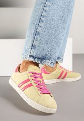 Żółte Zamszowe Sneakersy Tenisówki ze Skórzaną Wkładką i Paskami Ciarilira. Żółte trampki Born2be, bez wzorów, z jeansu, klasyczne, bez zapięcia. W wyprzedaży za 169.99 zł.
