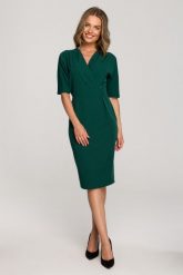 Elegancka sukienka z Kopertowym Dekoltem - Zielona. Zielone sukienki MOE, l, bez wzorów, z elastanu, eleganckie, bez kołnierzyka, bez ramiączek, kopertowe. Za 274.90 zł.