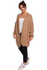 Karmelowy Nowoczesny Kardigan z Bufiastym Rękawem. Brązowe swetry MOE, l, bez wzorów, z materiału, bez ramiączek. Za 243.90 zł.