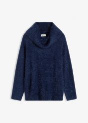 Sweter z golfem z miękkiej przędzy puchowej. Niebieskie swetry bonprix, bez wzorów, z puchu, bez ramiączek. Za 109.99 zł.
