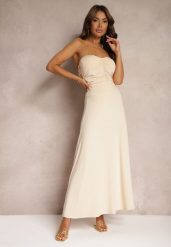Beżowa Rozkloszowana Spódnica High Waist z Marszczeniem w Pasie Nolisea. Brązowe spódnice Renee, l, bez wzorów, z materiału, maxi, rozkloszowane. W wyprzedaży za 91.99 zł.