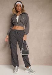 Szare Spodnie z Bawełną Typu Cargo High Waist Puvoria. Szare jeansy Renee, m, bez wzorów, z bawełny, z podwyższonym stanem. W wyprzedaży za 39.99 zł.