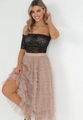 Beżowa Spódnica z Gumką w Pasie i Zdobieniami Tiulowymi Elesia. Brązowe spódnice Born2be, m, z aplikacjami, z tiulu, eleganckie, midi. W wyprzedaży za 152.99 zł.