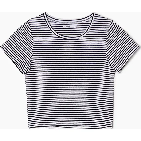 Krótki t-shirt w paski - Biały. Białe t-shirty Cropp, l, bez wzorów, bez kołnierzyka, bez ramiączek. Za 29.99 zł.