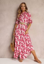 Fuksjowa Koszulowa Sukienka Maxi z Guzikami i Podpinanymi Rękawami Jaye. Czerwone sukienki Renee, l, bez wzorów, boho, bez kołnierzyka, bez ramiączek, maxi, koszulowe. W wyprzedaży za 107.99 zł.