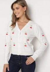 Biały Kardigan z Wyhaftowanymi Wisienkami Niralia. Białe swetry Born2be, s, bez wzorów, z jeansu, eleganckie, bez ramiączek. W wyprzedaży za 118.99 zł.