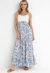 Niebieska Wiskozowa Sukienka Maxi z Szydełkową Górą i Rozkloszowanym Dołem Eumila. Niebieskie sukienki Born2be, m, bez wzorów, z wiskozy, bez kołnierzyka, bez ramiączek, maxi, rozkloszowane. Za 99.99 zł.