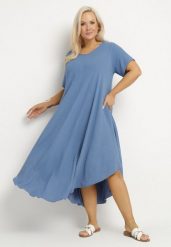 Niebieska Rozkloszowana Sukienka z Bawełną Elzedia. Niebieskie sukienki Born2be, na co dzień, xl, bez wzorów, z bawełny, eleganckie, bez kołnierzyka, bez ramiączek, midi, rozkloszowane. W wyprzedaży za 63.74 zł.
