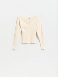 Prążkowany sweter z wiskozą - kremowy. Białe swetry Reserved, l, bez wzorów, z dzianiny, bez ramiączek. Za 109.99 zł.