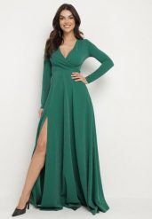 Ciemnozielona Rozkloszowana Sukienka z Dekoltem w Serek i Rozcięciem Zdobiona Metaliczną Nicią Emilandra. Zielone sukienki Born2be, l, z aplikacjami, z materiału, eleganckie, bez kołnierzyka, bez ramiączek, maxi, kopertowe. W wyprzedaży za 178.49 zł.