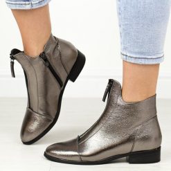 Srebrne pw płaskie botki damskie Potocki 12308. Szare botki POTOCKI, bez wzorów, z jeansu, eleganckie, bez obcasa, na obcasie, bez zapięcia. Za 189.00 zł.