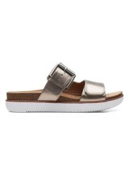 Clarks Skórzane klapki w kolorze złotym rozmiar: 38. Żółte klapki Clarks, bez wzorów, klasyczne, z otwartym noskiem, bez obcasa, bez zapięcia. Za 213.79 zł.