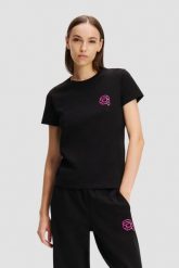KARL LAGERFELD Czarny damski t-shirt Ikonik 2.0 Jelly. Czarne t-shirty KARL LAGERFELD, s, bez wzorów, z bawełny, klasyczne, bez kołnierzyka, bez ramiączek. W wyprzedaży za 319.99 zł.