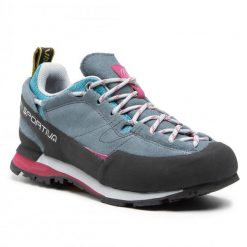 Buty zamszowe La Sportiva Boulder X Woman w kolorze łupkowym/czerwonej śliwki. Niebieskie buty trekkingowe La Sportiva, z gumy, bez zapięcia. Za 799.99 zł.