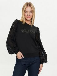 Guess Bluza W4GQ07 KBKM0 Czarny Regular Fit. Czarne bluzy Guess, xs, z aplikacjami, z bawełny, bez kaptura. Za 279.99 zł.
