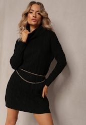 Czarna Mini Sukienka ze Sweterkowej Dzianiny z Szerokim Golfem i Ściągaczami Jilenma. Czarne sukienki Renee, m, bez wzorów, z dzianiny, bez kołnierzyka, bez ramiączek, mini. W wyprzedaży za 95.99 zł.