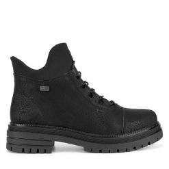 Trzewiki Rieker. Czarne botki Rieker, bez wzorów, bez obcasa, na płaskiej podeszwie, bez zapięcia. Za 269.99 zł.