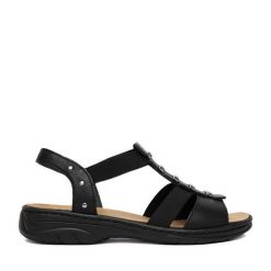Sandały Rieker. Czarne sandały Rieker, bez wzorów, bez obcasa, na płaskiej podeszwie, bez zapięcia. Za 319.99 zł.