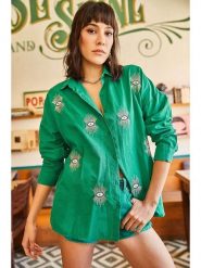 Trendyol Koszula w kolorze zielonym rozmiar: L. Zielone koszule Trendyol, l, z aplikacjami, z bawełny, bez kołnierzyka, bez ramiączek. Za 78.84 zł.