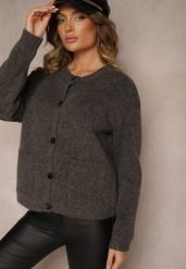 Brązowy Rozpinany Casualowy Kardigan z Wełną Besalttia. Brązowe swetry Renee, na jesień, bez wzorów, z jeansu, eleganckie, bez ramiączek. W wyprzedaży za 97.99 zł.