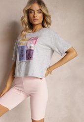 Jasnoszary T-shirt z Bawełny Ozdobiony Nadrukiem Parieltta. Szare t-shirty Renee, l, bez wzorów, z bawełny, eleganckie, bez kołnierzyka, bez ramiączek. W wyprzedaży za 32.49 zł.
