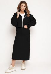 Czarny Komplet Casualowy Bluza z Suwakiem i Stójką oraz Spódnica z Kieszeniami Hettora. Czarne bluzy Born2be, l, bez wzorów, bez ramiączek, bez kaptura. Za 84.99 zł.
