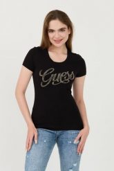 GUESS Czarny damski t-shirt Script, Rozmiar XS. Czarne t-shirty Guess, xs, z aplikacjami, bez kołnierzyka, bez ramiączek. W wyprzedaży za 165.99 zł.