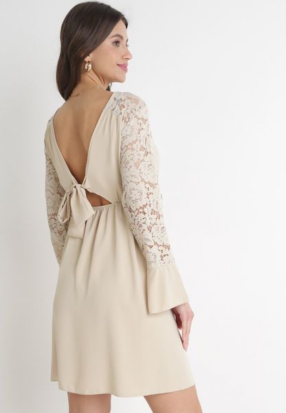 Beżowa Sukienka z Koronkowymi Rękawami i Gumką z Wiązaniem w Talii Vubatia. Brązowe sukienki Born2be, na imprezę, bez wzorów, z koronki, wizytowe, bez kołnierzyka, bez ramiączek. Za 79.99 zł.