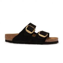 Klapki unisex Birkenstock Arizona Big Buckle. Czarne klapki Birkenstock, bez wzorów, z materiału, bez obcasa, bez zapięcia. Za 669.80 zł.