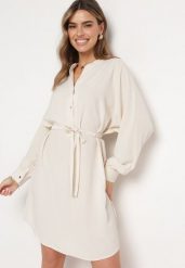 Beżowa Sukienka z Wiązaniem w Talii z Koszulową Górą Leandia. Brązowe sukienki Born2be, na spotkanie biznesowe, l, bez wzorów, eleganckie, bez kołnierzyka, bez ramiączek, mini, koszulowe. W wyprzedaży za 101.99 zł.
