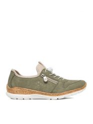 Rieker Półbuty N42G0-52 Zielony. Zielone półbuty wsuwane Rieker, bez wzorów, z materiału, bez obcasa, na płaskiej podeszwie. Za 349.99 zł.