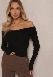 Czarna Bluzka z Wiskozą z Hiszpańskim Dekoltem Amodara. Czarne bluzki Renee, m, bez wzorów, z jeansu, bez kołnierzyka, bez ramiączek. W wyprzedaży za 55.99 zł.
