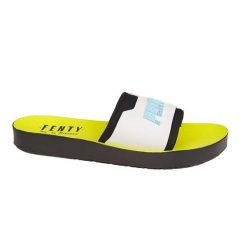 Fenty x Puma klapki, biało-neonowo-zielone, płaska podeszwa, bez zapięcia. Białe klapki 187, bez wzorów, z materiału, casualowe, bez obcasa, na płaskiej podeszwie, bez zapięcia. Za 339.99 zł.