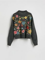 Wzorzysty sweter - ciemnoszary. Szare swetry Reserved, l, bez wzorów, z dzianiny, bez ramiączek. Za 179.99 zł.