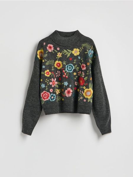 Wzorzysty sweter - ciemnoszary. Szare swetry Reserved, l, bez wzorów, z dzianiny, bez ramiączek. W wyprzedaży za 129.99 zł.